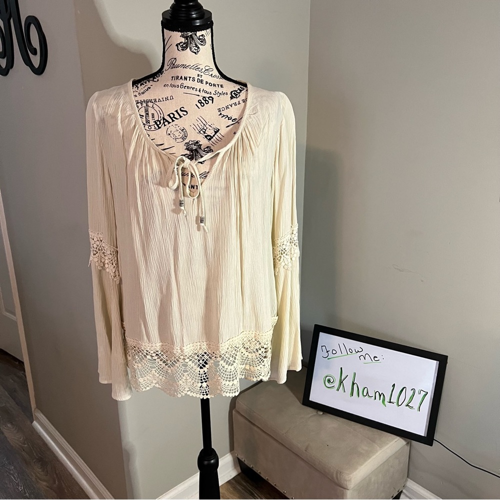 Taylor & Sage Cream Boho Bell Sleeved Blouse with Lace Trim